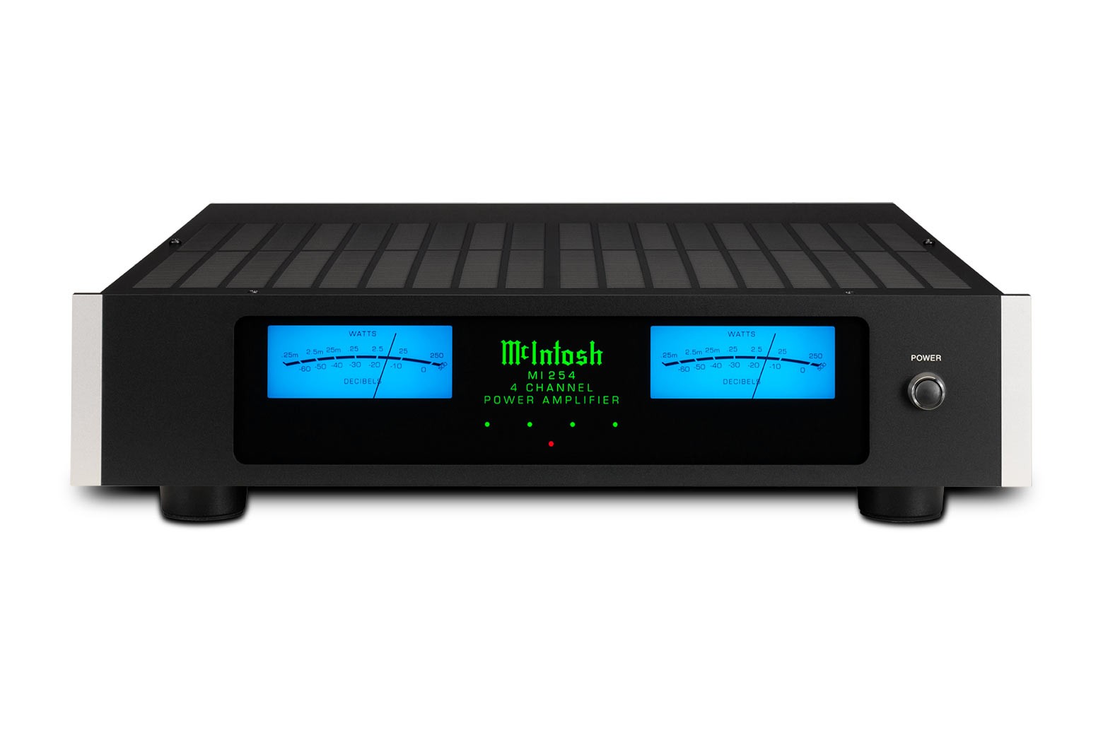 Čelní pohled na McIntosh MI254 s modrými wattmetry