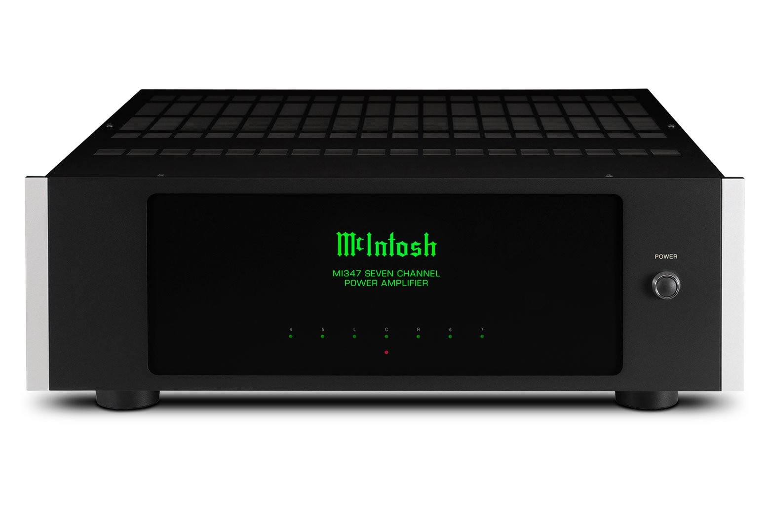 Čelní pohled na McIntosh MI347 s podsvícenými indikátory kanálů