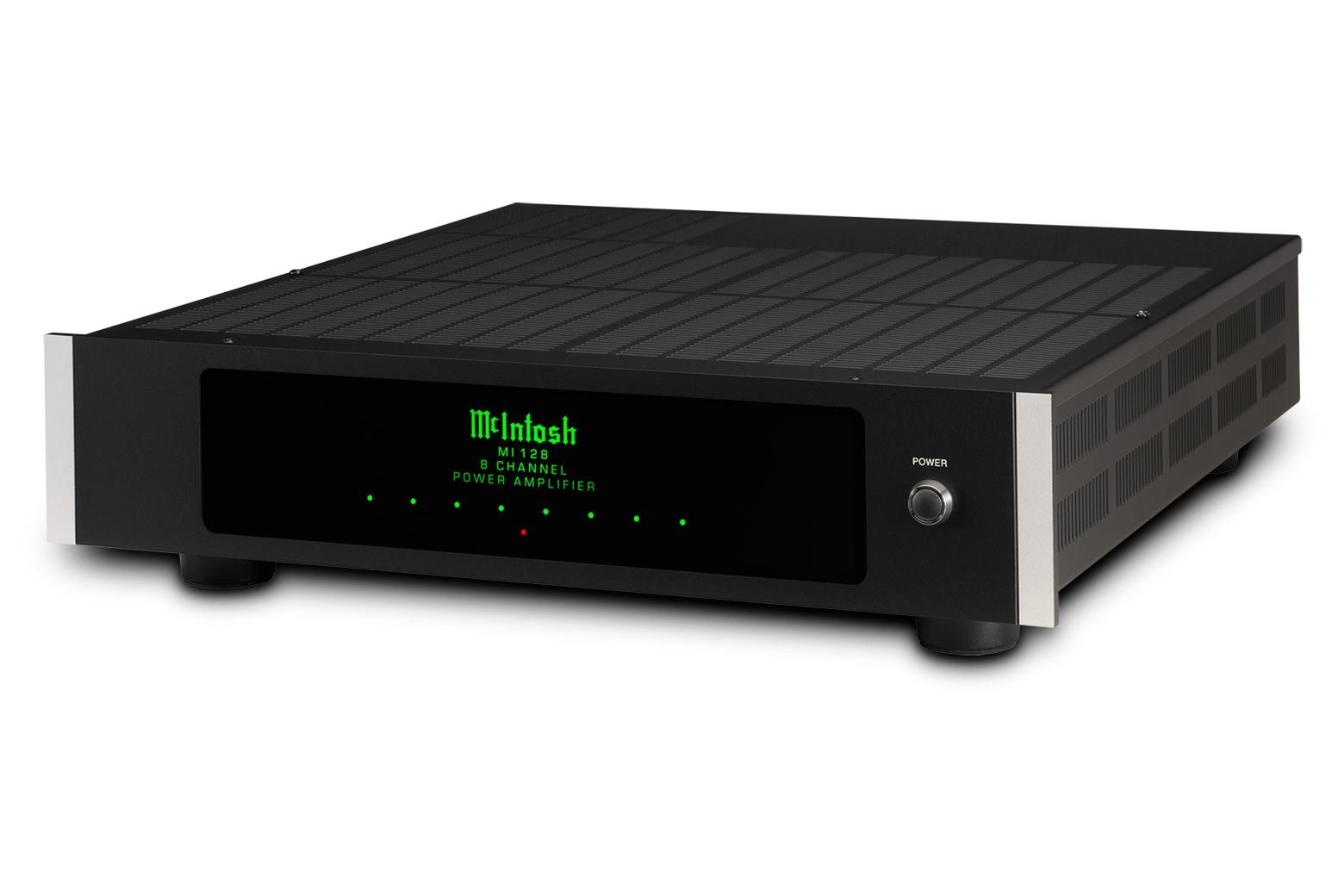 McIntosh MI128 v šikmém pohledu, černý skleněný přední panel s podsvíceným zeleným logem a indikátory kanálů
