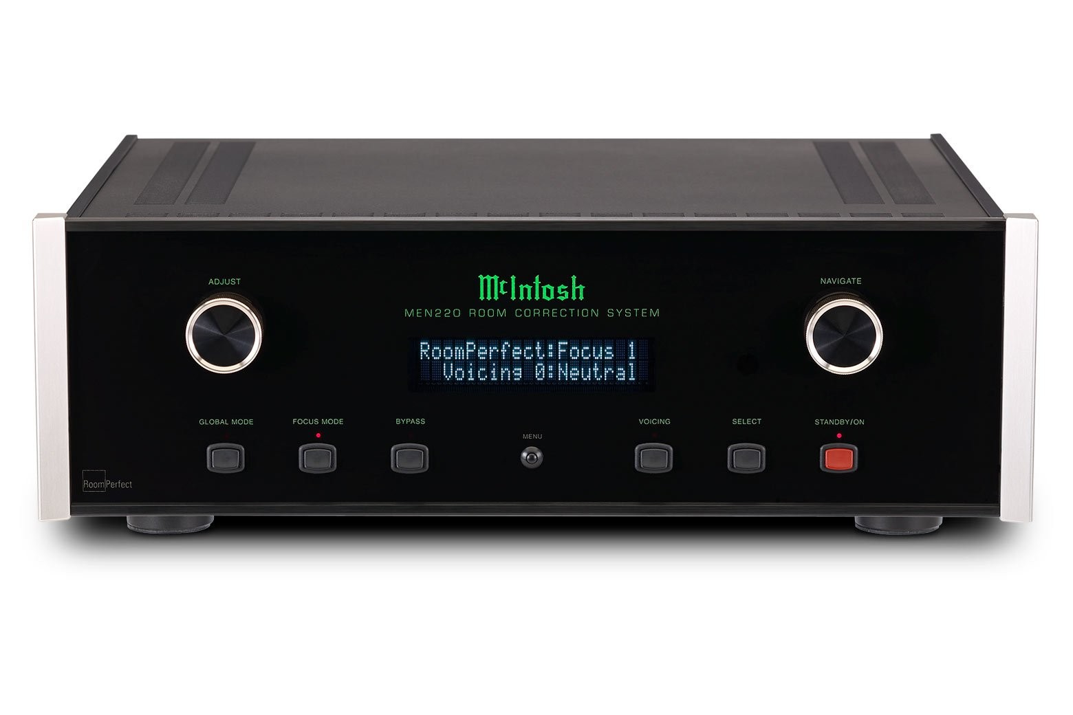 Čelní panel McIntosh MEN220 s černým sklem, zeleným logem a displejem RoomPerfect