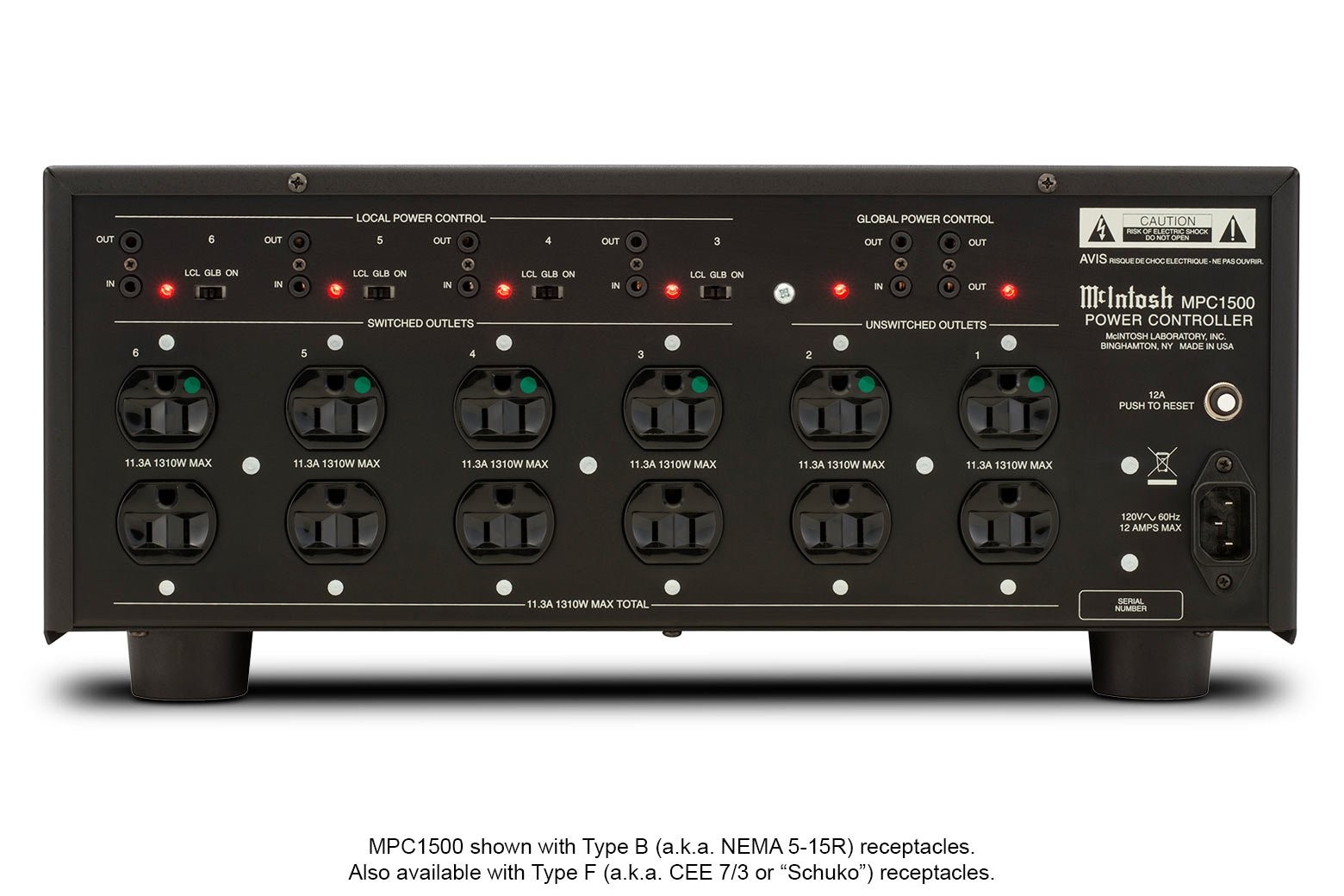 Zadní panel McIntosh MPC1500 s dvanácti zásuvkami rozdělenými na spínané a nespínané a s přepínači Power Control