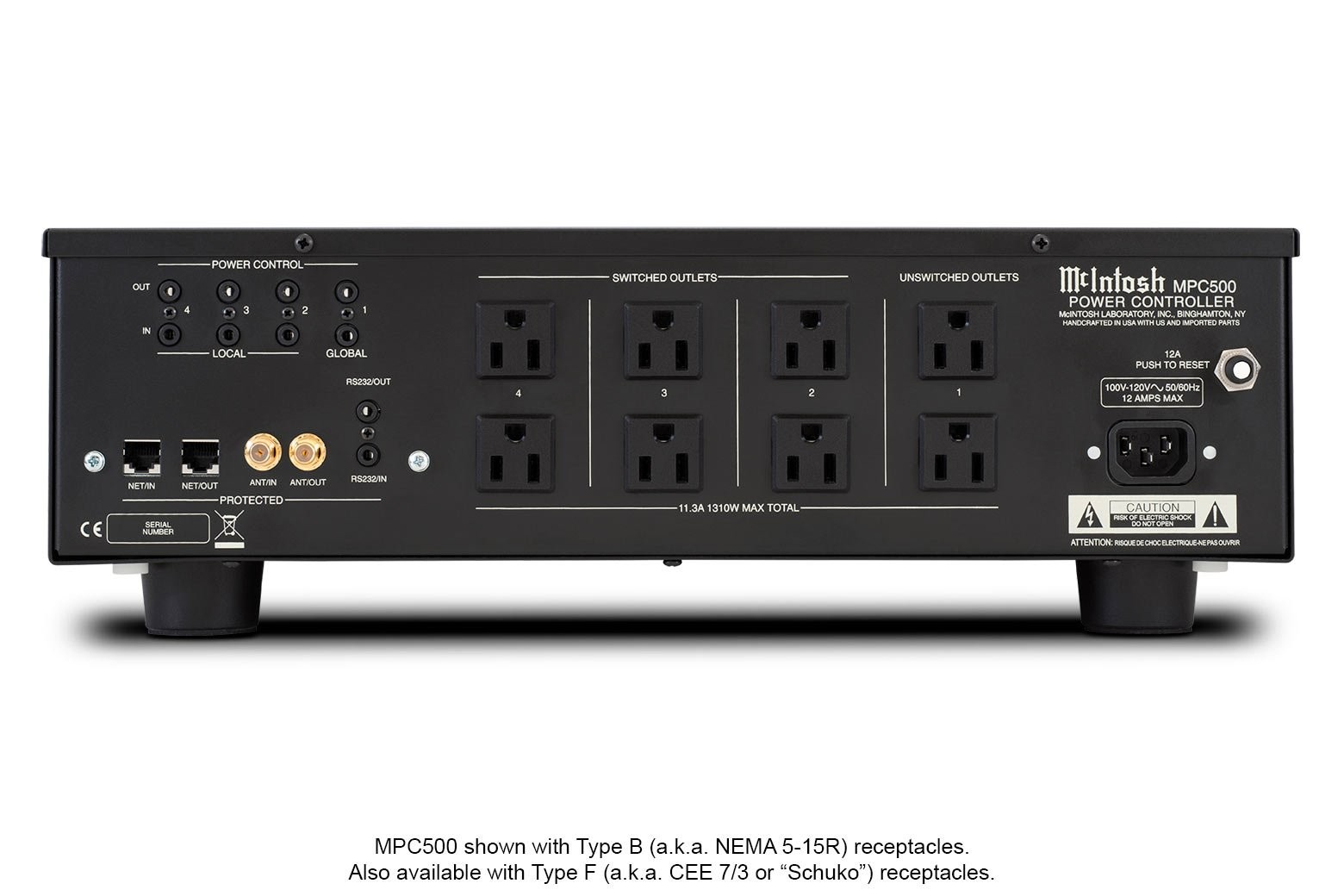 Zadní panel McIntosh MPC500 se spínanými a nespínanými zásuvkami, porty Power Control a chráněnými ethernetovými a koaxiálními vstupy
