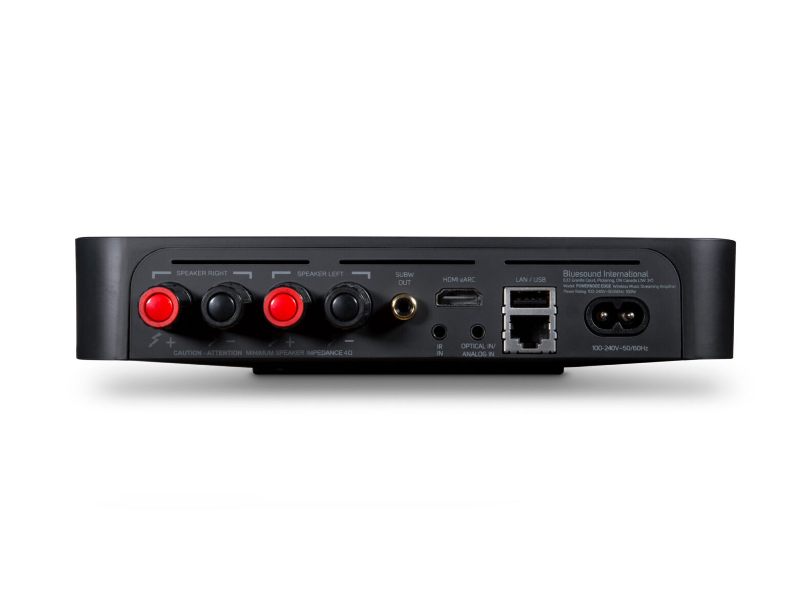 Zadní panel Bluesound Powernode edge v černém provedení s reproduktorovými terminály, HDMI eARC a vstupy
