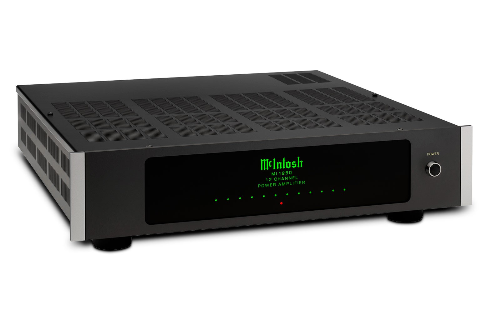 McIntosh MI1250 z boku s černou skleněnou maskou a stříbrným lemováním
