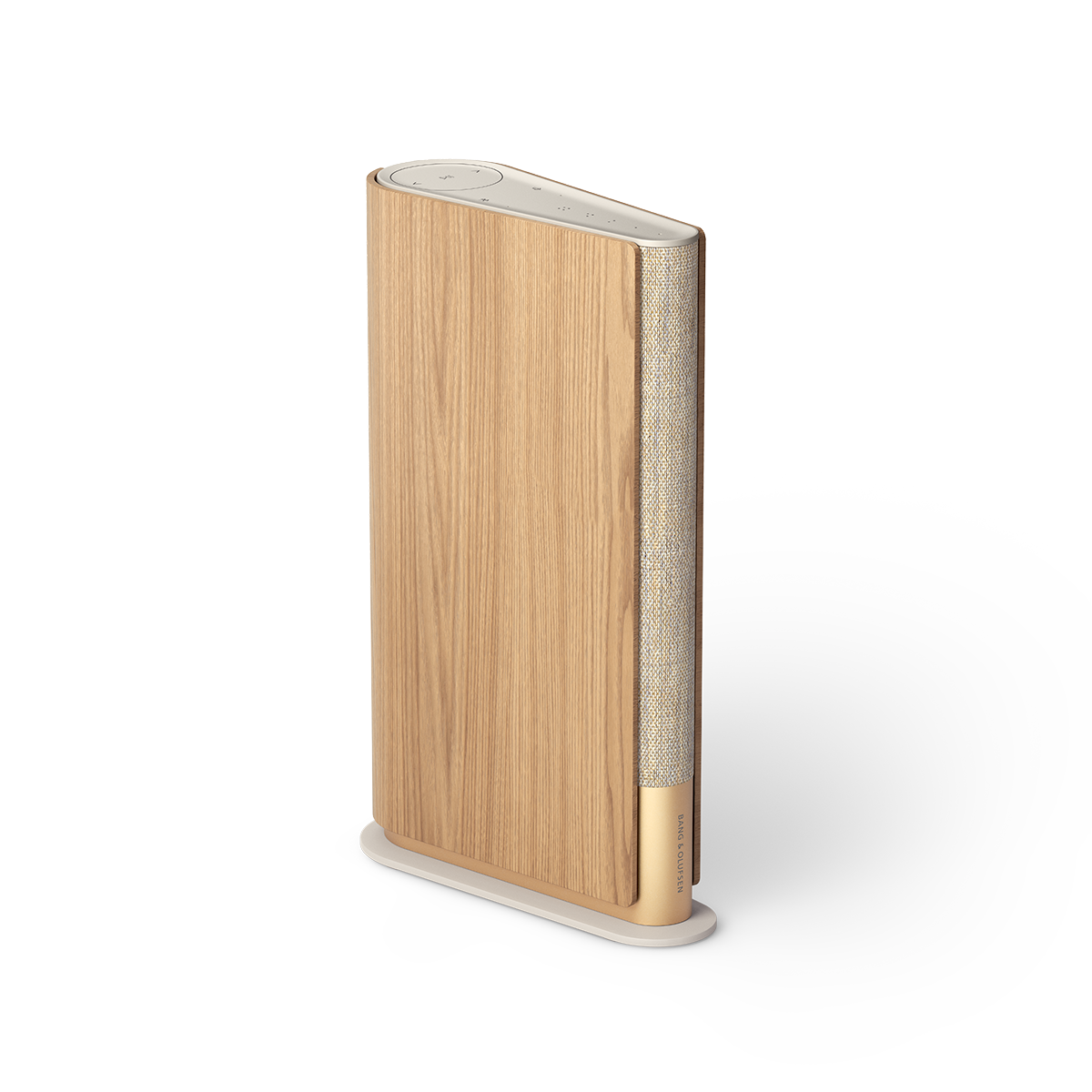 Bang & Olufsen Beosound Emerge v provedení Gold Tone – Light Oak, štíhlý reproduktor ve tvaru knihy