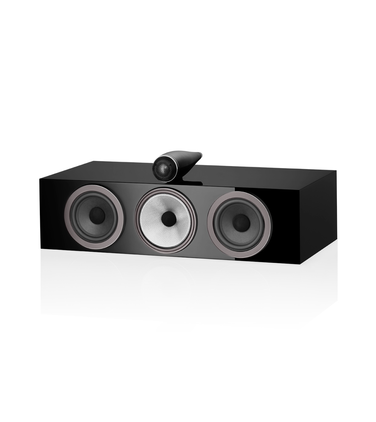 Bowers & Wilkins HTM71 S3 v provedení Gloss Black, čelní pohled na třípásmovou skříň s odděleným pouzdrem výškového měniče