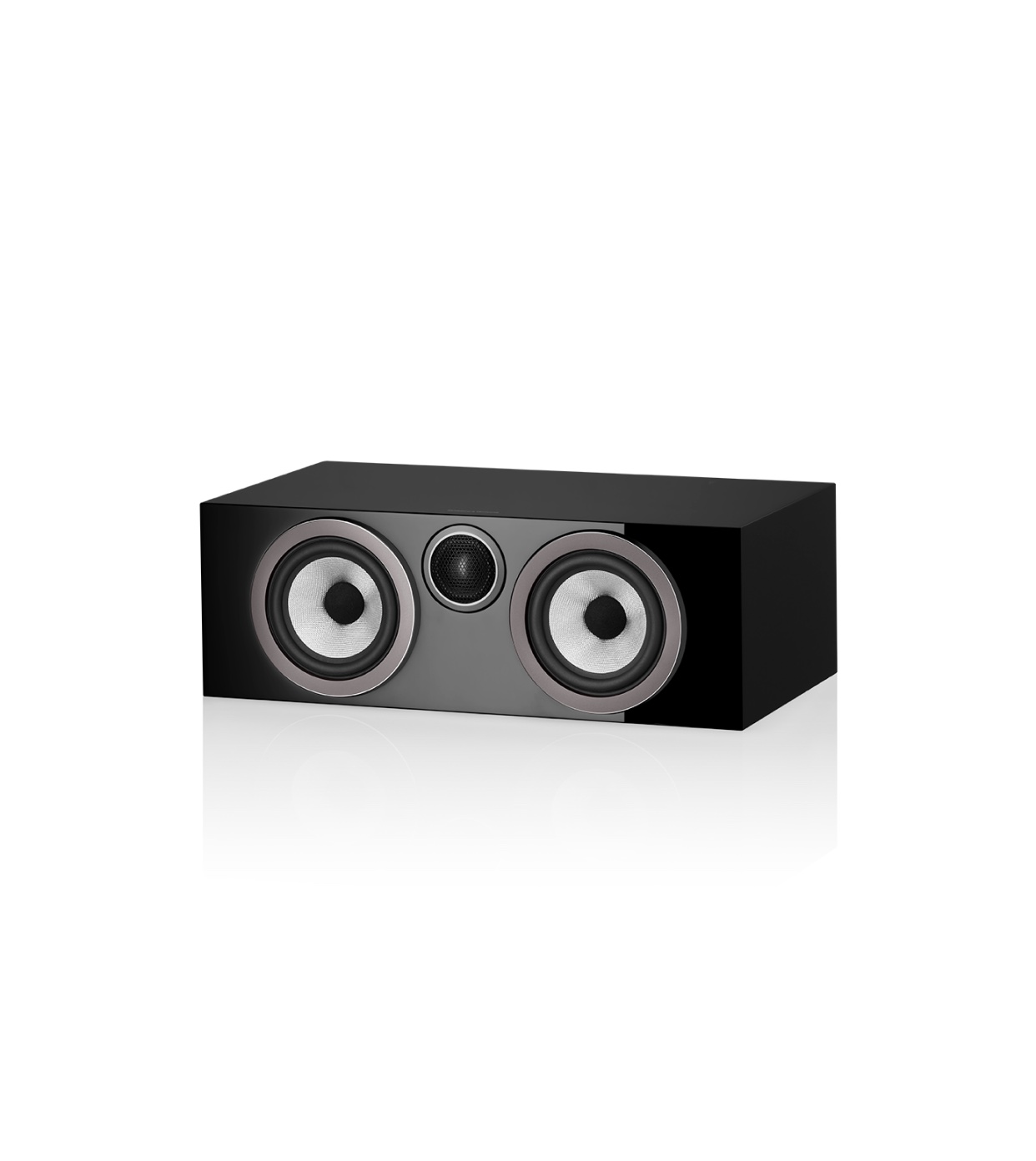 Bowers & Wilkins HTM72 S3 v provedení Gloss Black — pohled zepředu na centrální reproduktor s párem středobasových měničů a výškovým měničem Carbon Dome