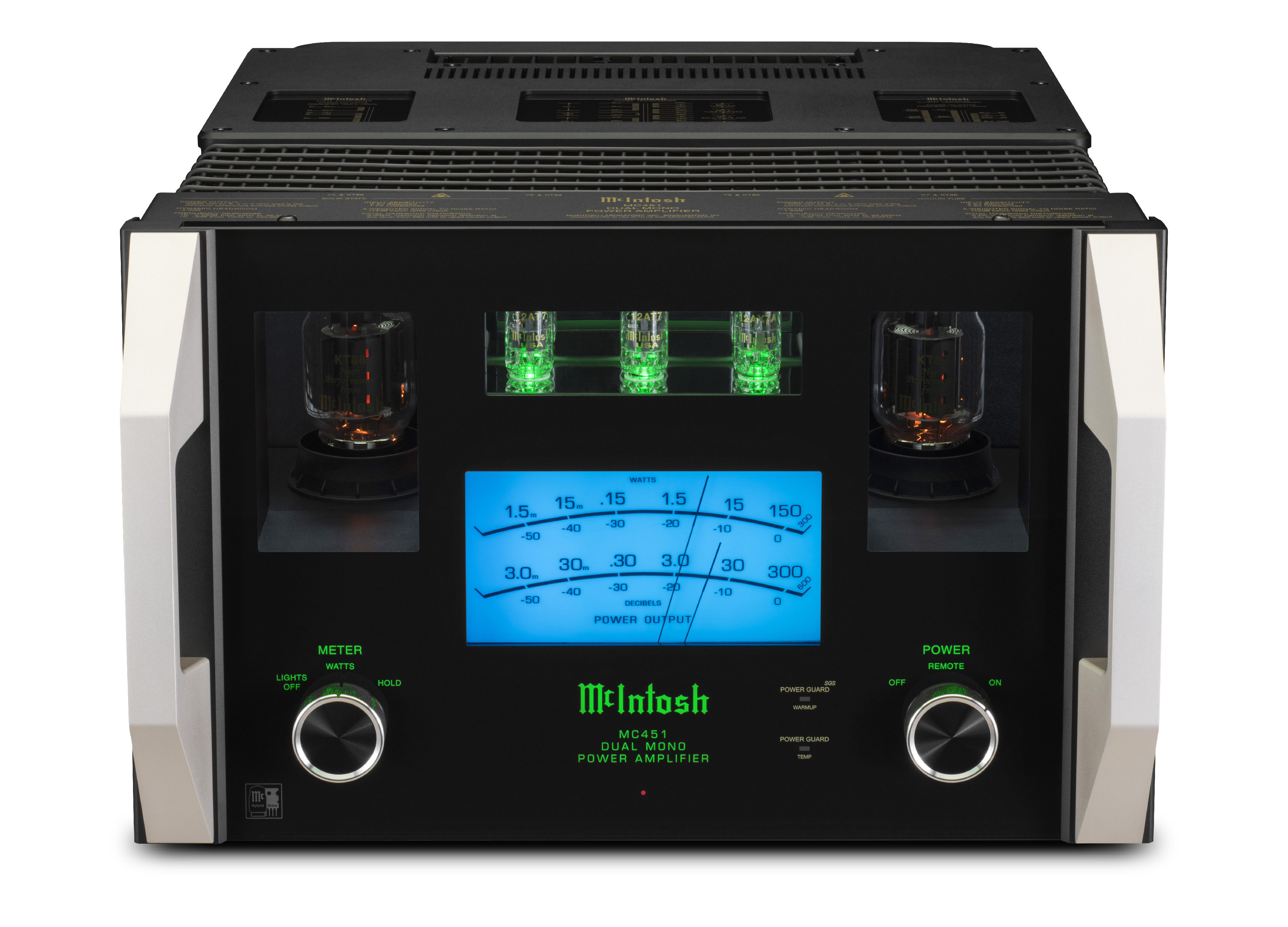 McIntosh MC451 — pohled na přední a horní část leštěného nerezového šasi