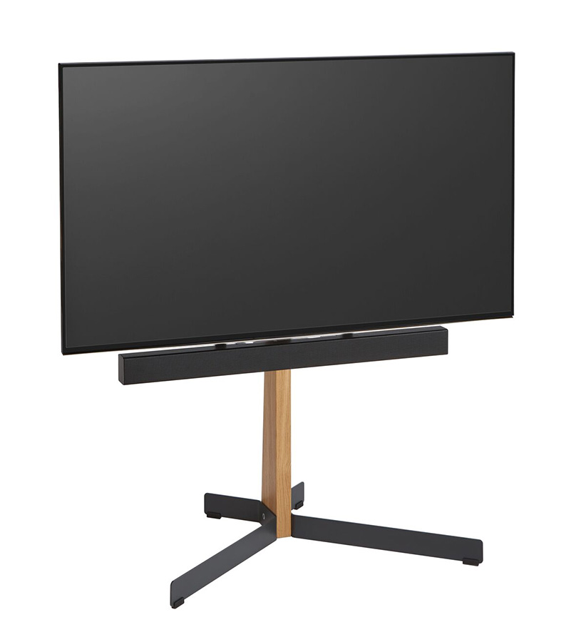 Vogel's TVS 3695 s televizorem a soundbarem připevněným pod obrazovkou na dubovém sloupu