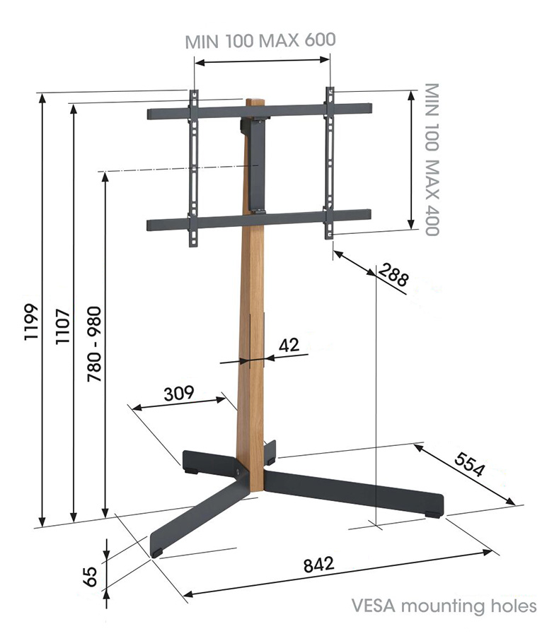 Technické schéma rozměrů Vogel's TVS 3695 — celková výška 119,9 cm, střed VESA 78–98 cm, šířka základny 84,2 cm, hloubka 55,4 cm, VESA rozsah MIN 100 MAX 600 a MIN 100 MAX 400 mm