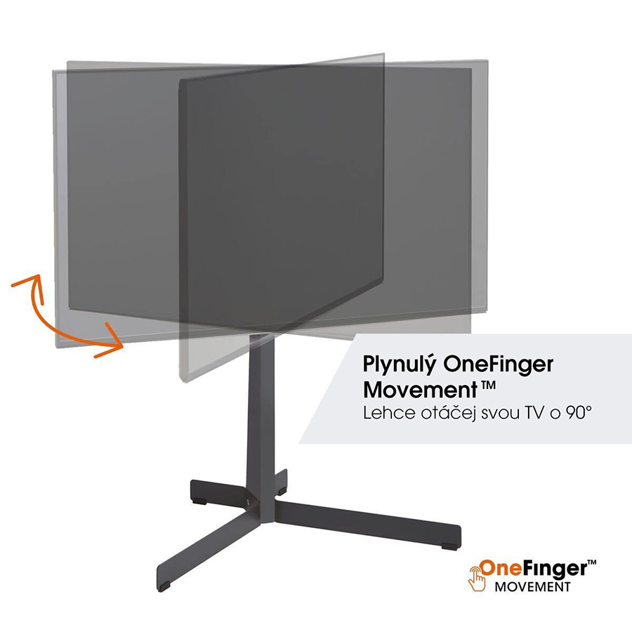 Schéma OneFinger Movement u Vogel's TVS 3690 — televizor se otáčí o 90° kolem svislé osy, oranžová šipka znázorňuje rozsah pohybu