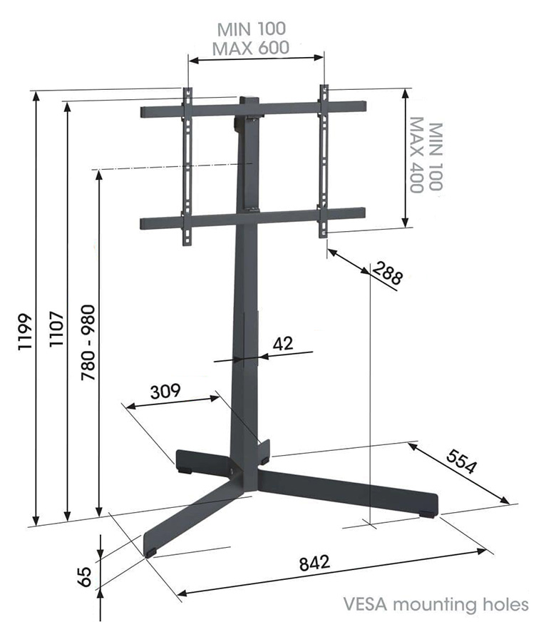 Technické schéma rozměrů Vogel's TVS 3690 — celková výška 1199 mm, střed VESA 780 až 980 mm nad zemí, základna 842 × 554 mm, VESA rozsah MIN 100 až MAX 600 mm