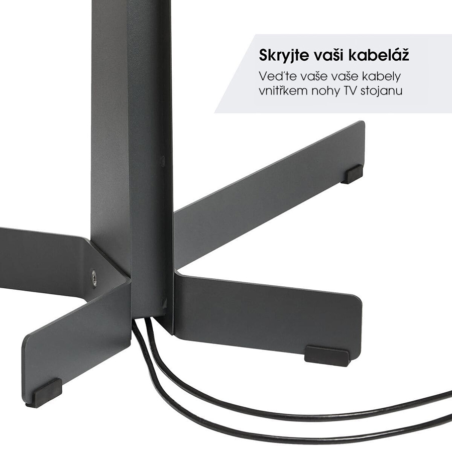 Detail spodní části Vogel's TVS 3690 s křížovou základnou a kabely vedenými uvnitř nohy stojanu — popis Skryjte vaši kabeláž