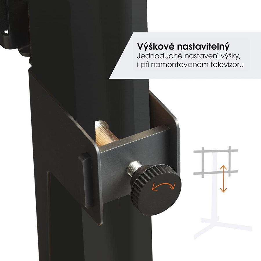Detail aretačního šroubu pro výškové nastavení sloupu Vogel's TVS 3690 — popis Výškově nastavitelný, jednoduché nastavení výšky i při namontovaném televizoru