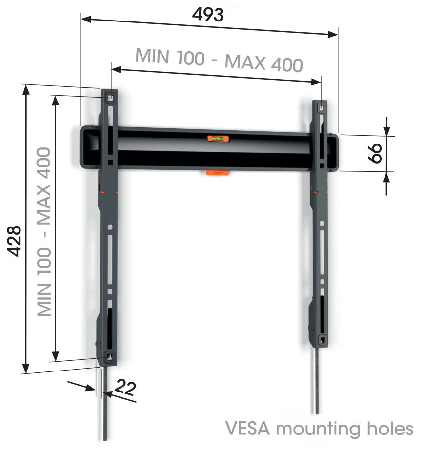 Technické schéma rozměrů Vogel's TVM 3403 — šířka 493 mm, výška 428 mm, vzdálenost od stěny 22 mm, VESA rozsah MIN 100 až MAX 400 mm