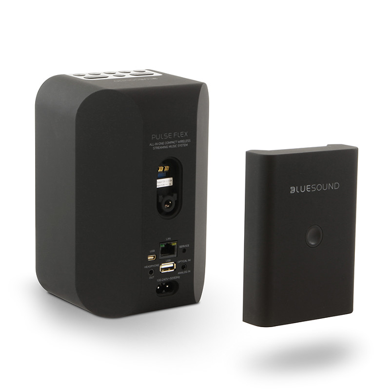 Bluesound BP100 nasazená na zadní stěně přehrávače Pulse Flex