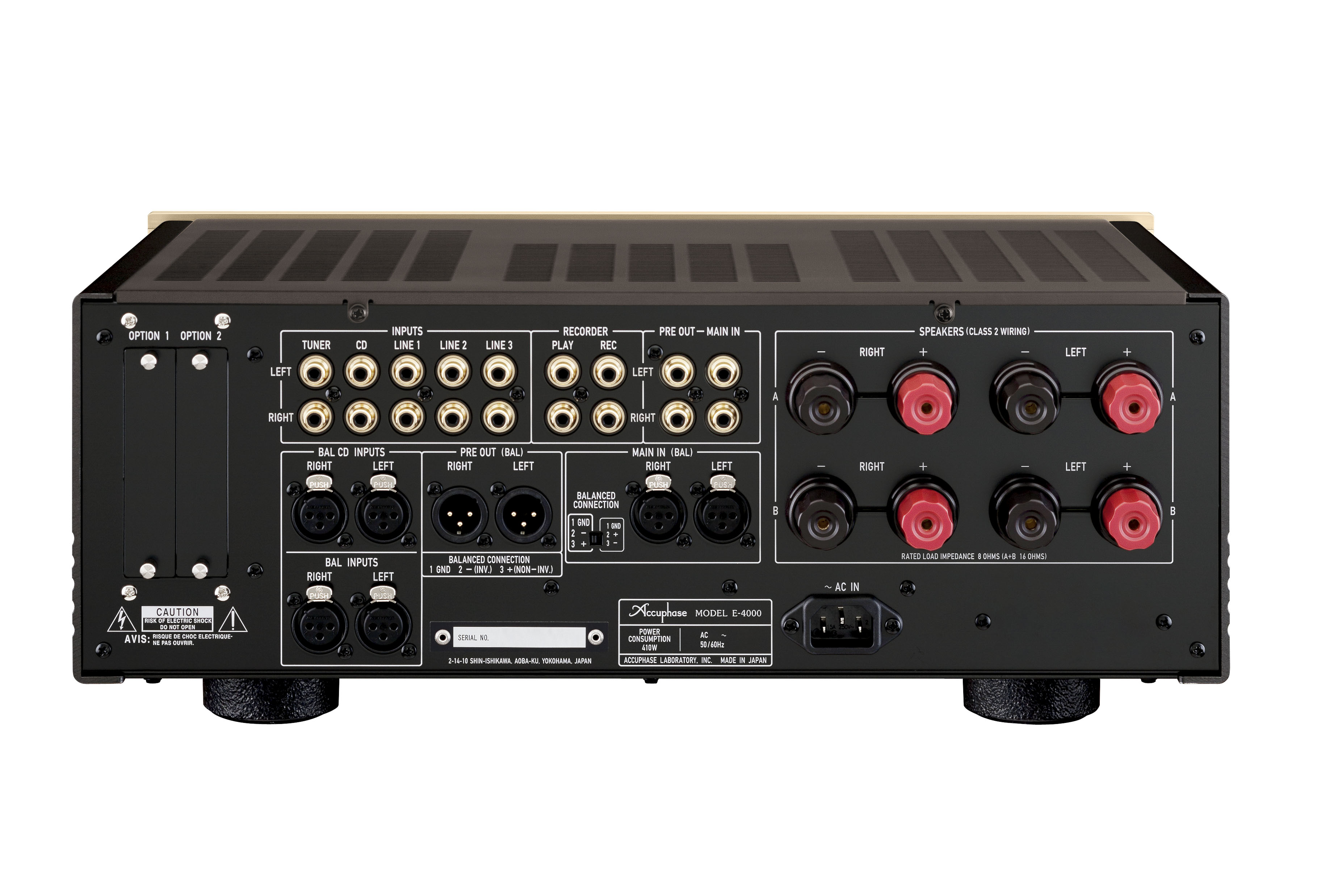 Zadní panel Accuphase E-4000 s vyváženými i nevyváženými vstupy, reproduktorovými terminály a sloty pro volitelné moduly
