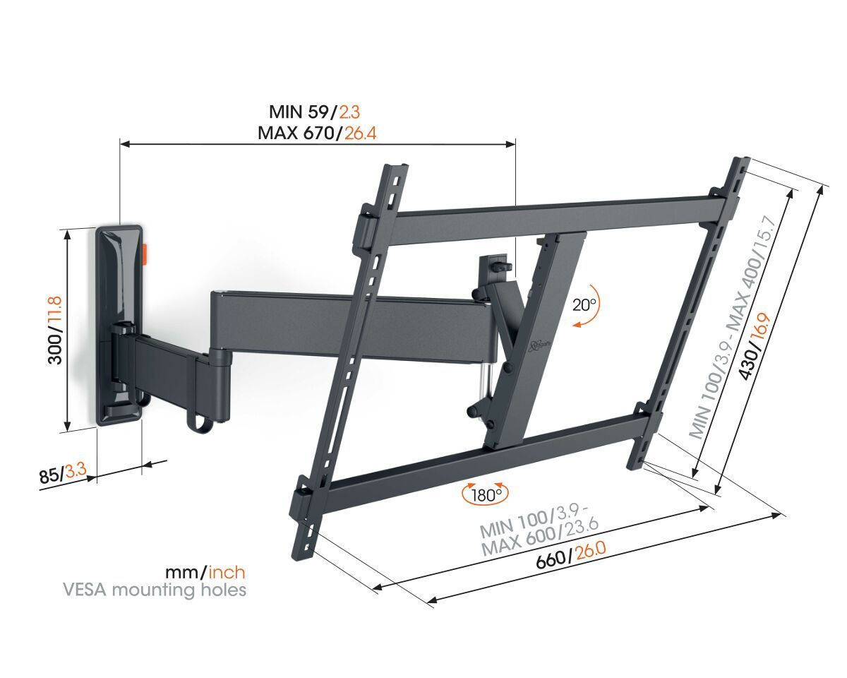 Technický výkres Vogel's TVM 3643 s kótami: vzdálenost od zdi 5,9–67 cm, ramena 67 cm, VESA 100×100 až 600×400 mm, náklon 20°, natáčení 180°