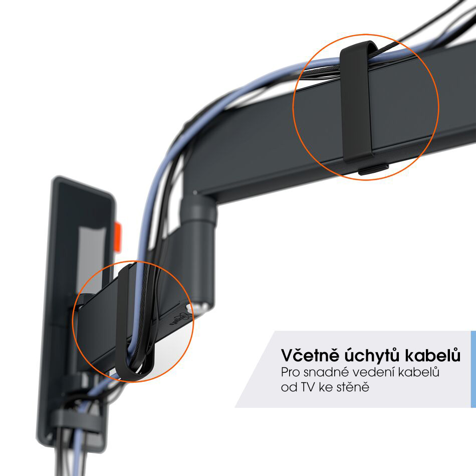 Kabelové klipy integrované v ramenech Vogel's TVM 3643 pro úhledné vedení kabelů od TV ke stěně
