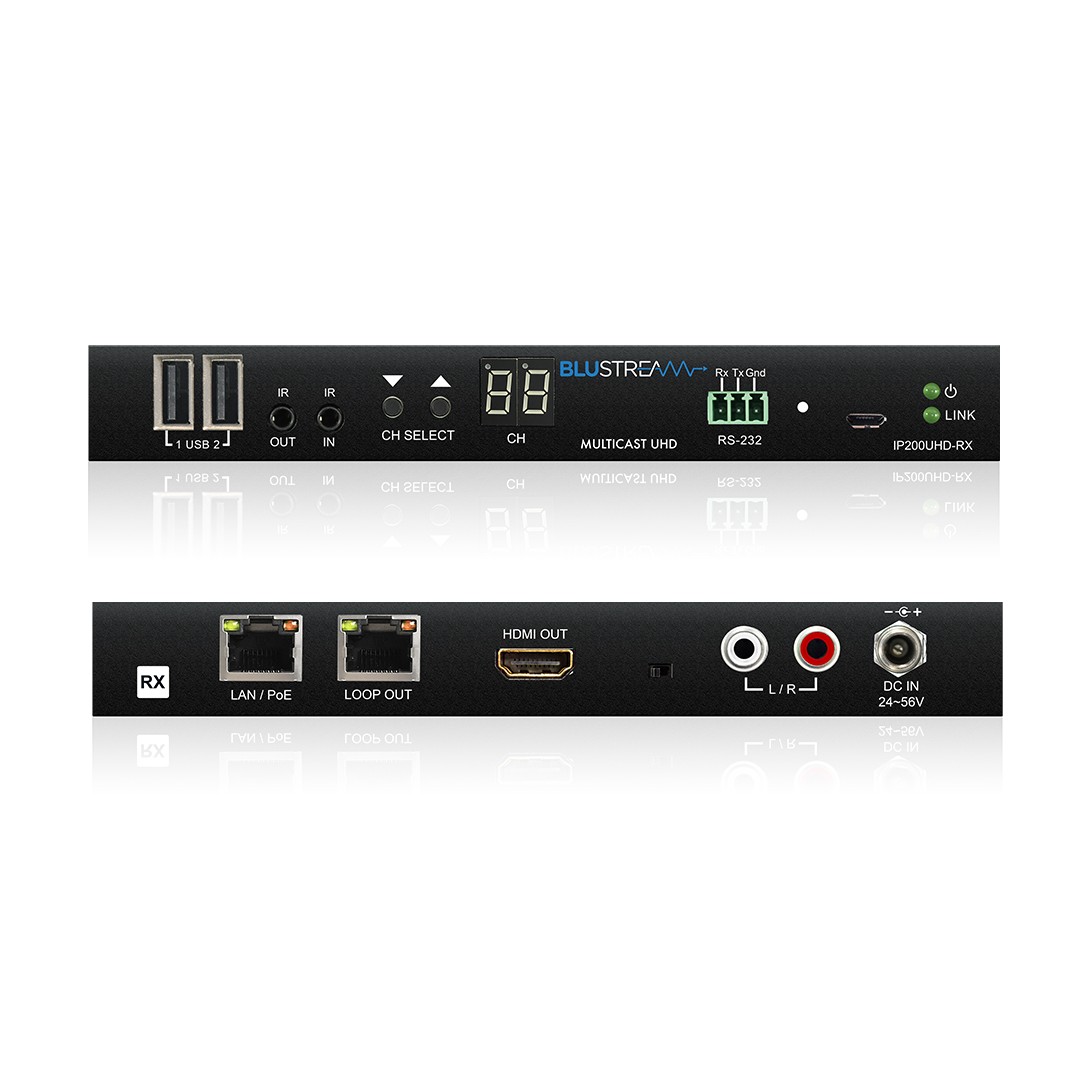 Blustream AV převodník IP200UHD-RX, přijímací jednotka AV-over-IP v kovovém šasi s konektory HDMI, LAN a RS-232