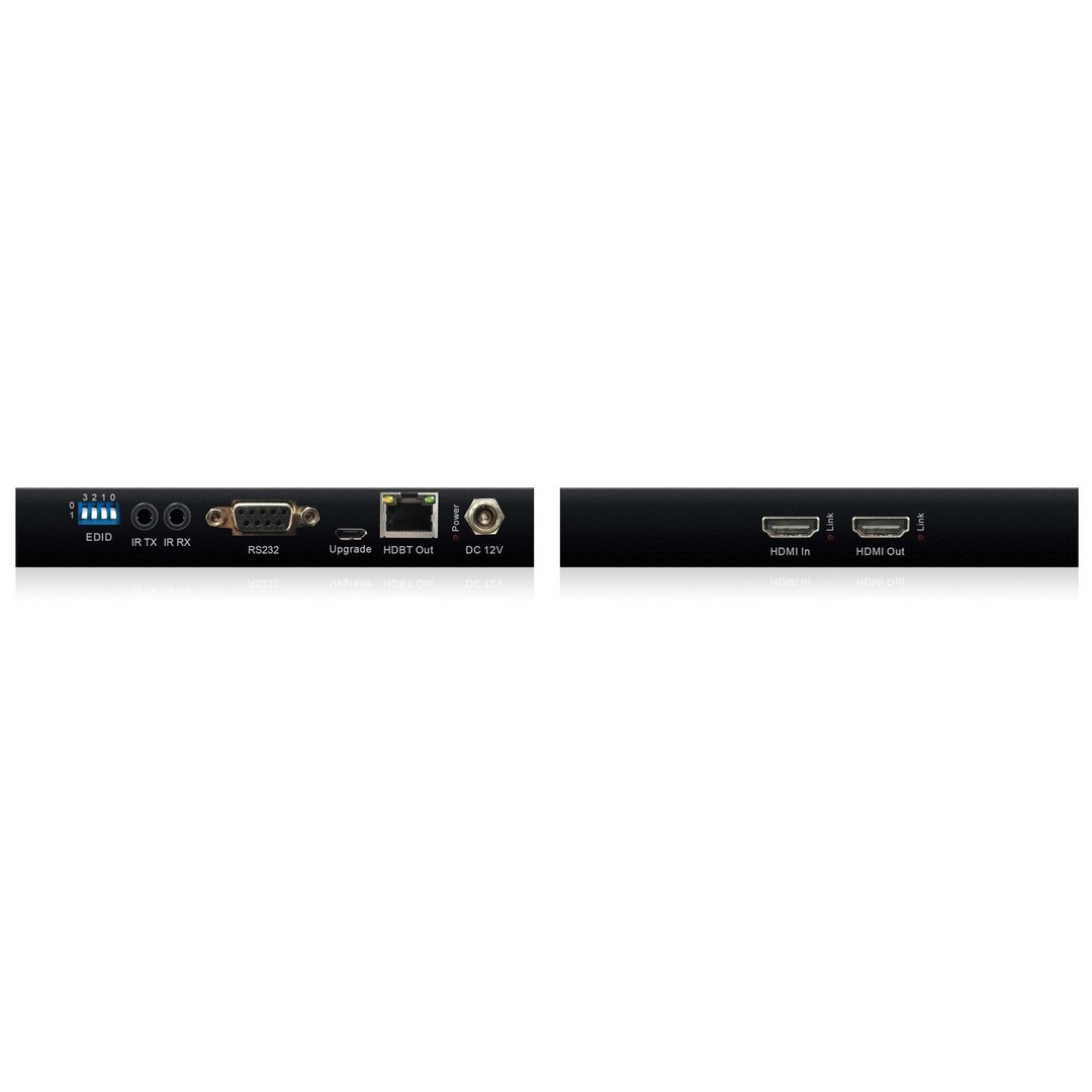 Detail konektorů Blustream HEX100CS-KIT — HDMI vstup, RJ45 pro CAT kabel, IR a RS-232 porty