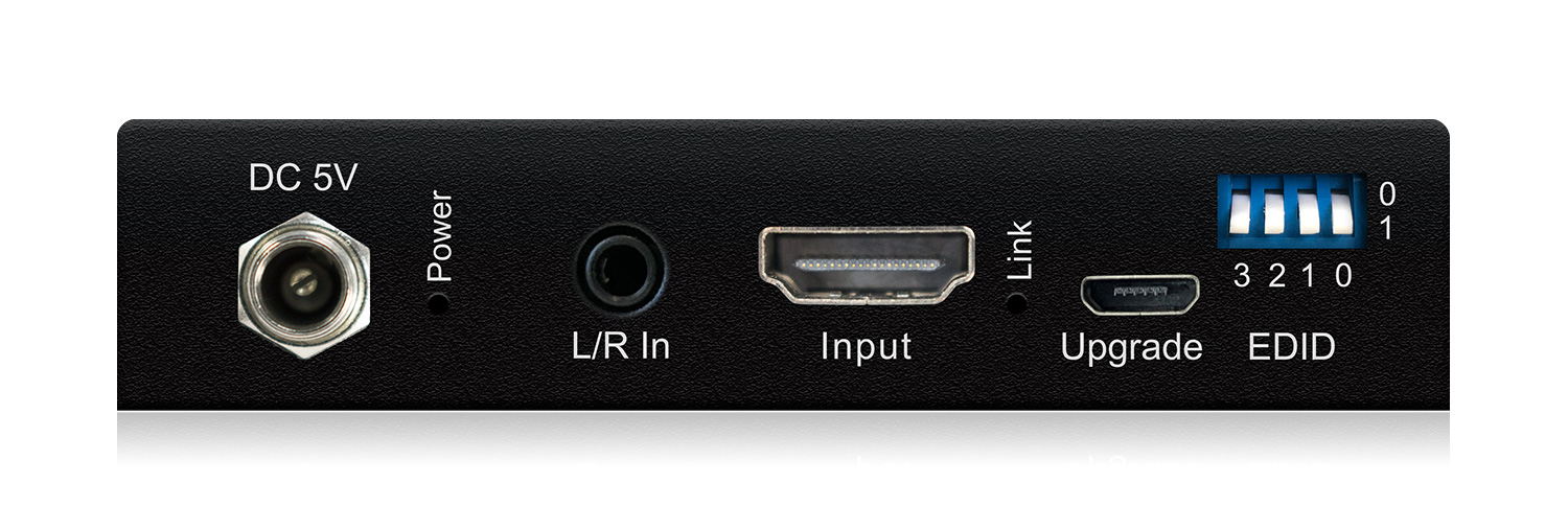 Detail konektorů Blustream SC12SP-V2 — HDMI vstup, dva HDMI výstupy a audio breakout porty