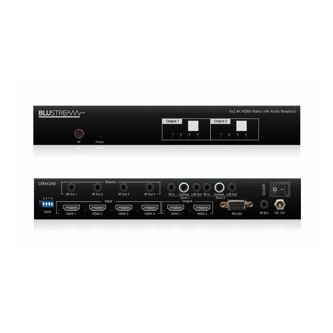 Detail zadního panelu přepínače CMX42AB: čtyři HDMI vstupy, dva výstupy a audio breakout konektory