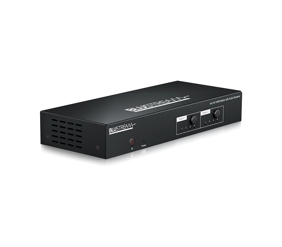 Blustream HDMI přepínač CMX42AB — maticový přepínač 4×2 pro nezávislé směrování čtyř HDMI zdrojů na dva zobrazovače