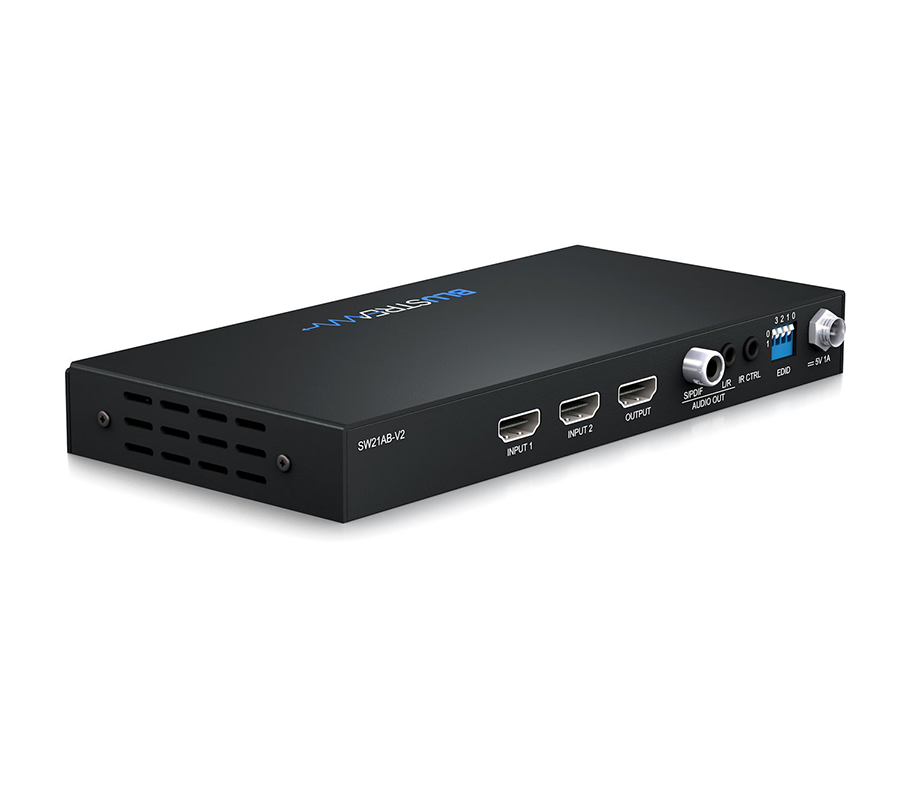 Detail předního a zadního panelu SW21AB-V2: dva HDMI vstupy, HDMI výstup, analogový L/R a koaxiální audio výstup