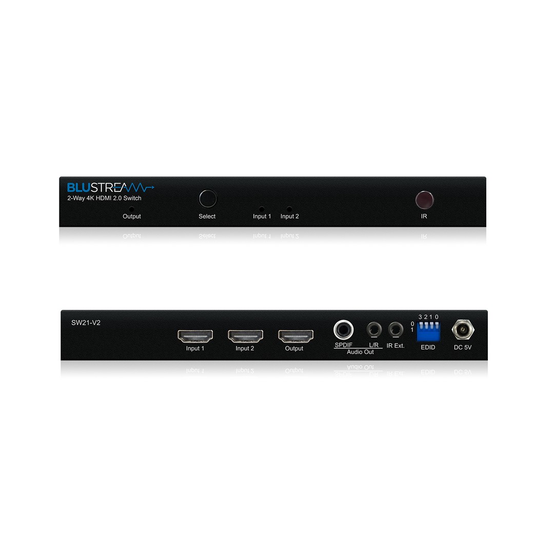 Blustream HDMI přepínač SW21AB-V2 — kompaktní 2×1 HDMI přepínač s audio breakoutem