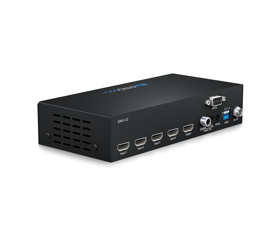 Detail zadního panelu SW41AB-V2: čtyři HDMI vstupy, HDMI výstup, analogový L/R, koaxiální audio a RS-232 port