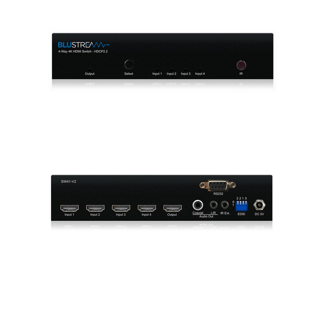 Blustream HDMI přepínač SW41AB-V2 — čtyřvstupý 4×1 HDMI přepínač s audio breakoutem a RS-232