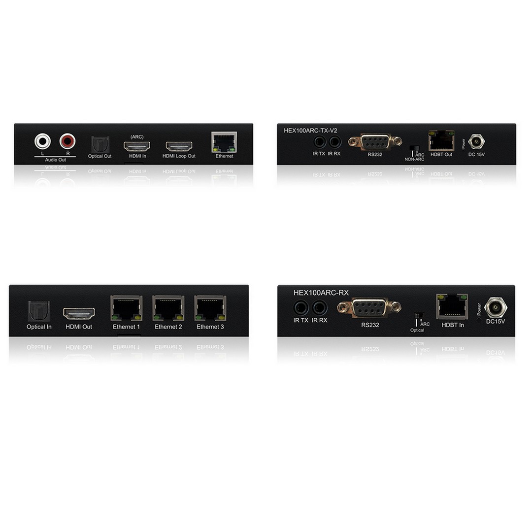 Blustream HDMI extender HEX100ARC-KIT-V2 — dvojice zařízení, vysílač a přijímač pro přenos HDMI po CAT kabelu s konektory pro HDMI, LAN, IR a RS-232