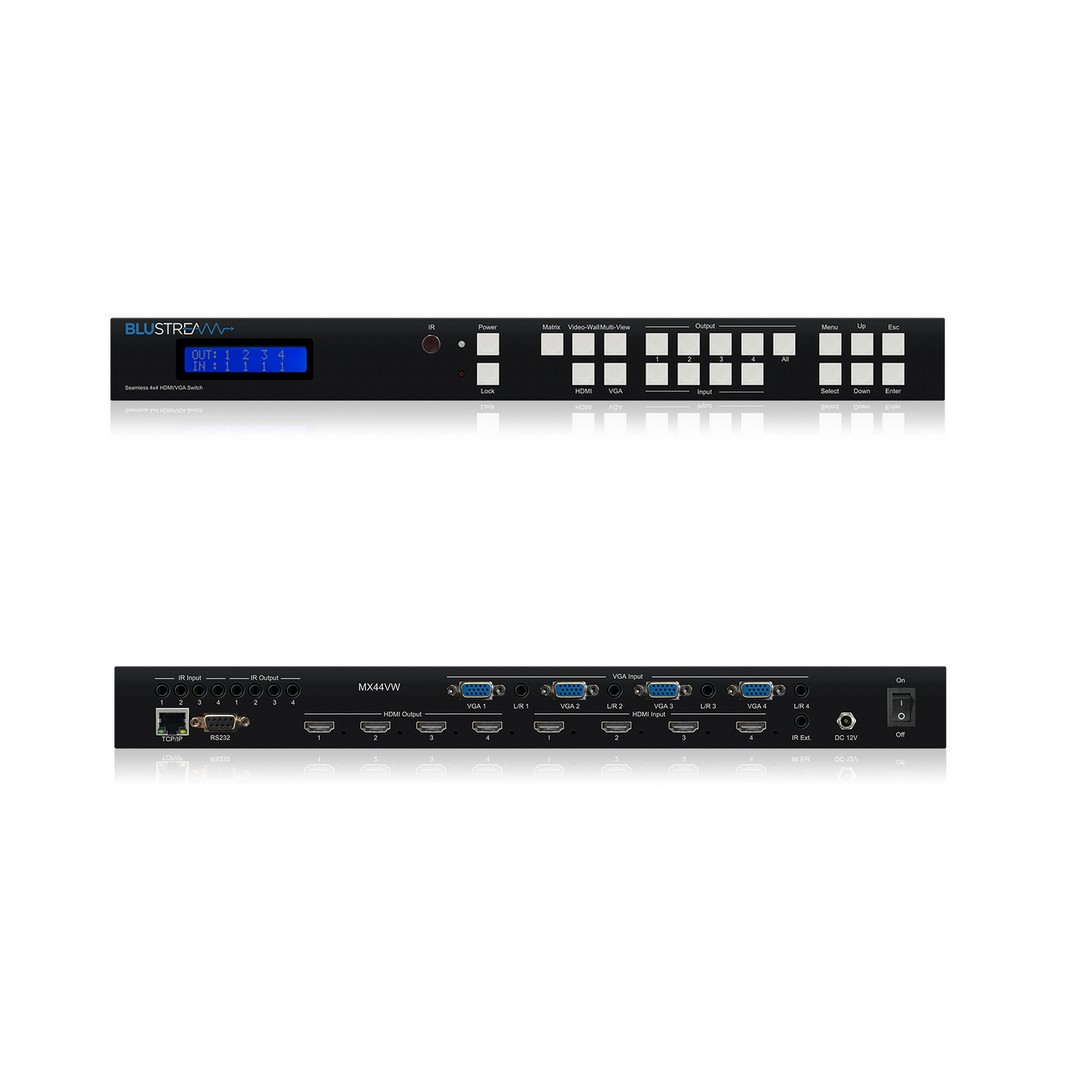 Blustream HDMI přepínač MX44VW — maticový přepínač 4×4 s režimy video wall a multi-view