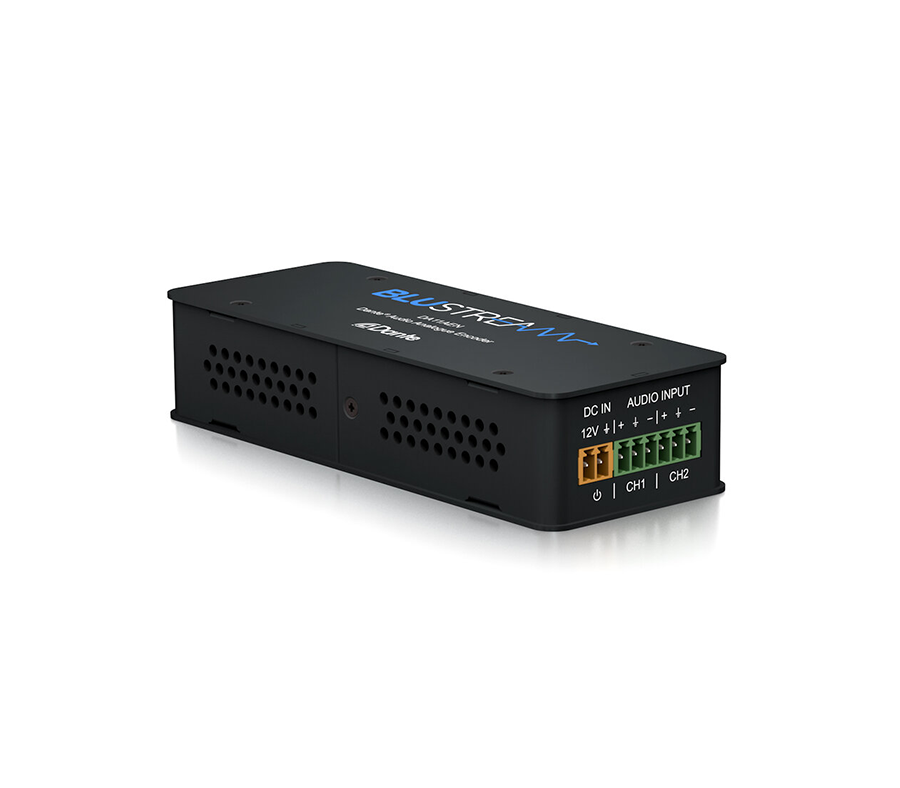 Detail analogových audio vstupů Blustream DA11AEN — phoenix konektory CH1 a CH2 a napájecí vstup DC IN 12 V