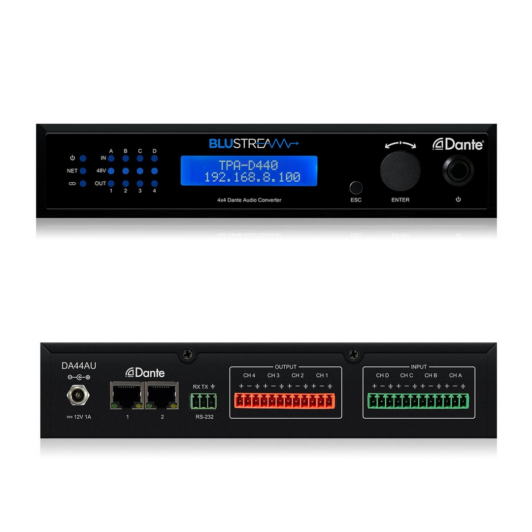 Blustream DA44AU — přední panel s LCD displejem, indikátory IN/OUT pro kanály A–D a 1–4, indikací 48V a ovladačem ENTER; zadní panel s napájením 12V, dvěma porty Dante, RS-232 a konektory pro čtyři výstupy a čtyři vstupy