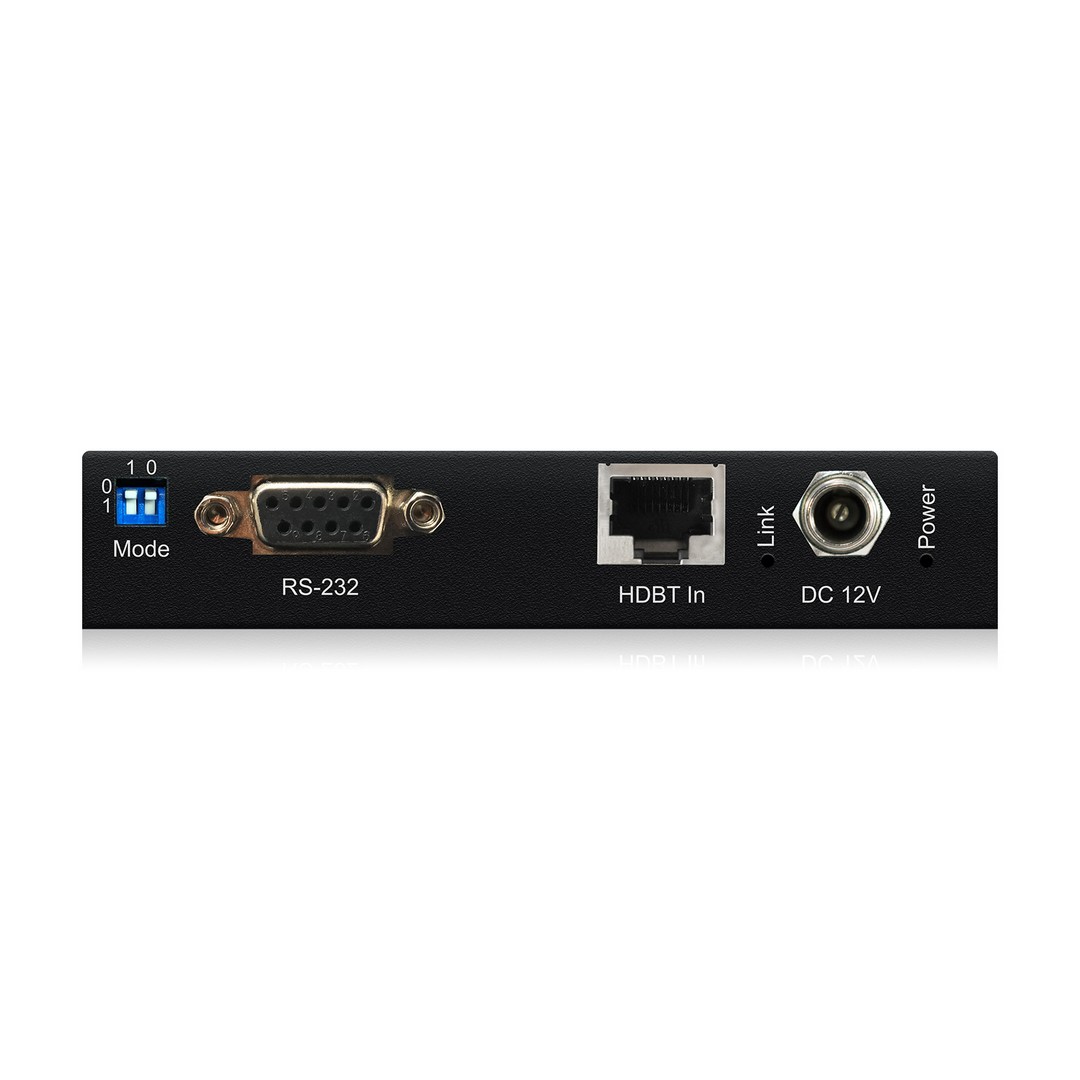Blustream HEX70CS-RX — detail konektorů přijímače s HDMI výstupem, RJ45 portem HDBaseT a audio breakout výstupy