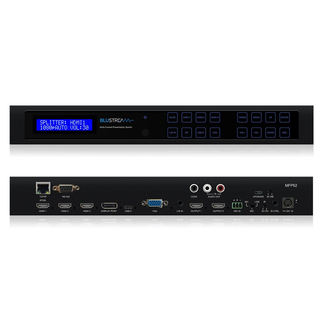 Blustream multipřepínač MFP62 čelní pohled na šasi se vstupy HDMI, USB-C, DisplayPort a VGA