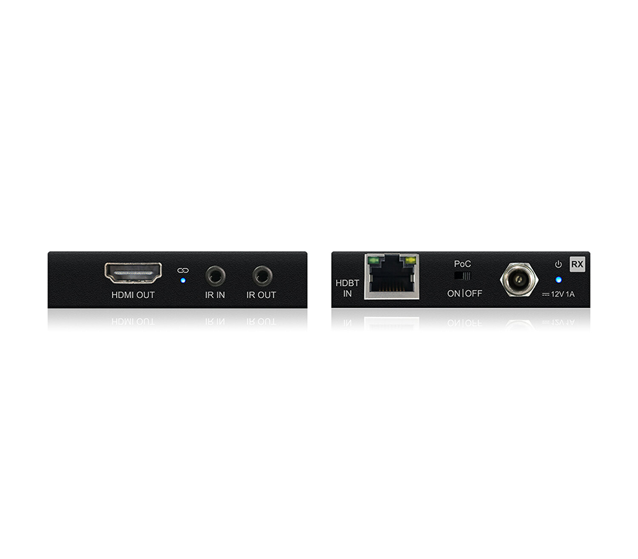 Blustream HEX70SL-KIT — detail vysílače a přijímače s HDMI konektory a CAT portem