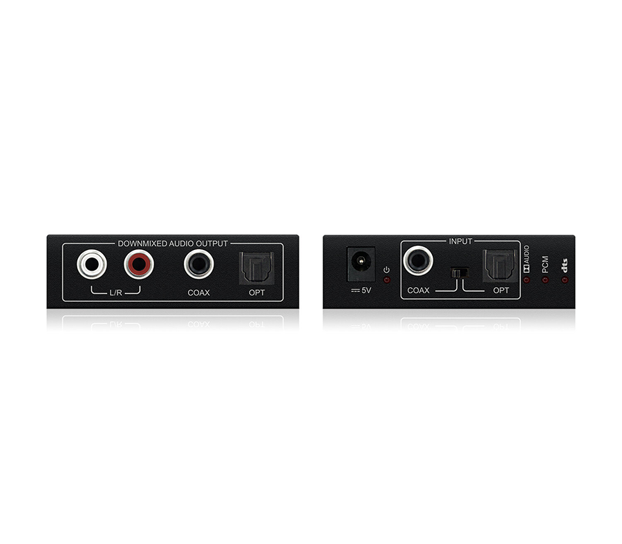 Blustream audio převodník DAC13DB čelní pohled s konektory pro digitální vstup a analogové i digitální výstupy