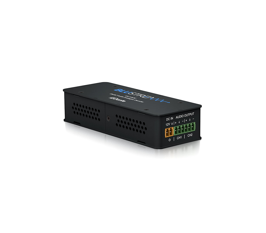 Detail výstupní strany DA11ADE2 se svorkovnicemi DC IN a AUDIO OUTPUT pro kanály CH1 a CH2