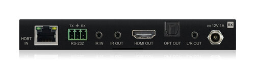 Blustream RX70CS — detail konektorové strany přijímače s HDMI výstupem, audio breakout výstupy a portem pro kabel CAT