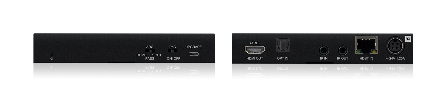 Detail konektorů Blustream HEX70ARC-KIT — HDMI, optický audio vstup a CAT port
