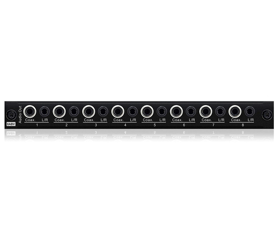 Detail modulu Blustream PRO-8ABV s konektory koaxiálních a analogových audio výstupů