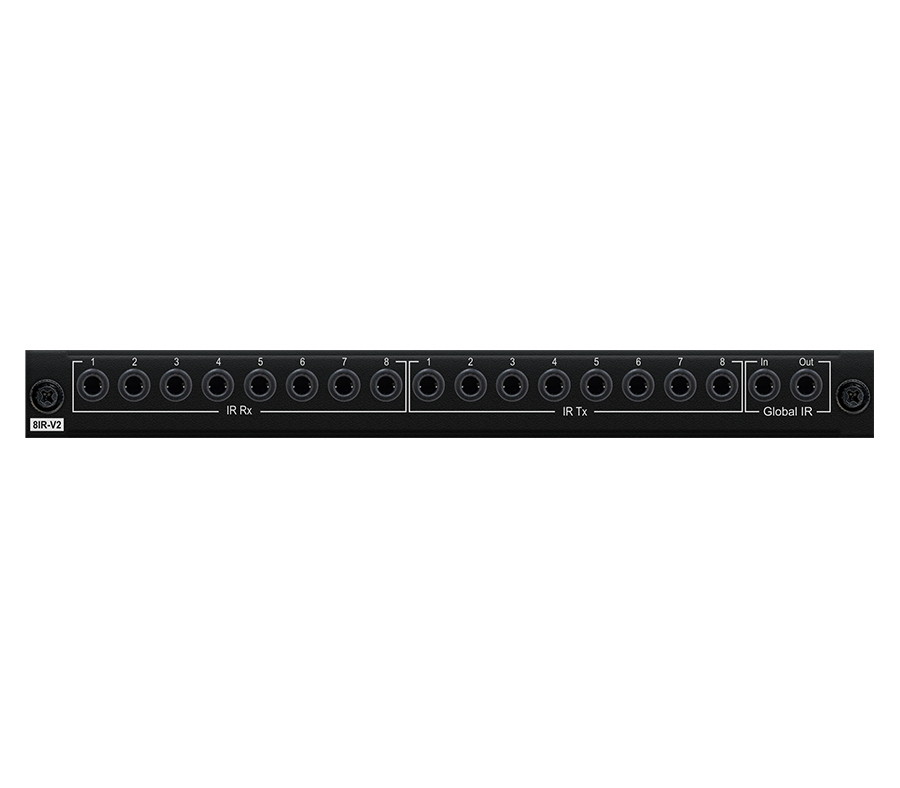 Detail modulu Blustream PRO-8IR-V2 s konektory IR vstupů a výstupů