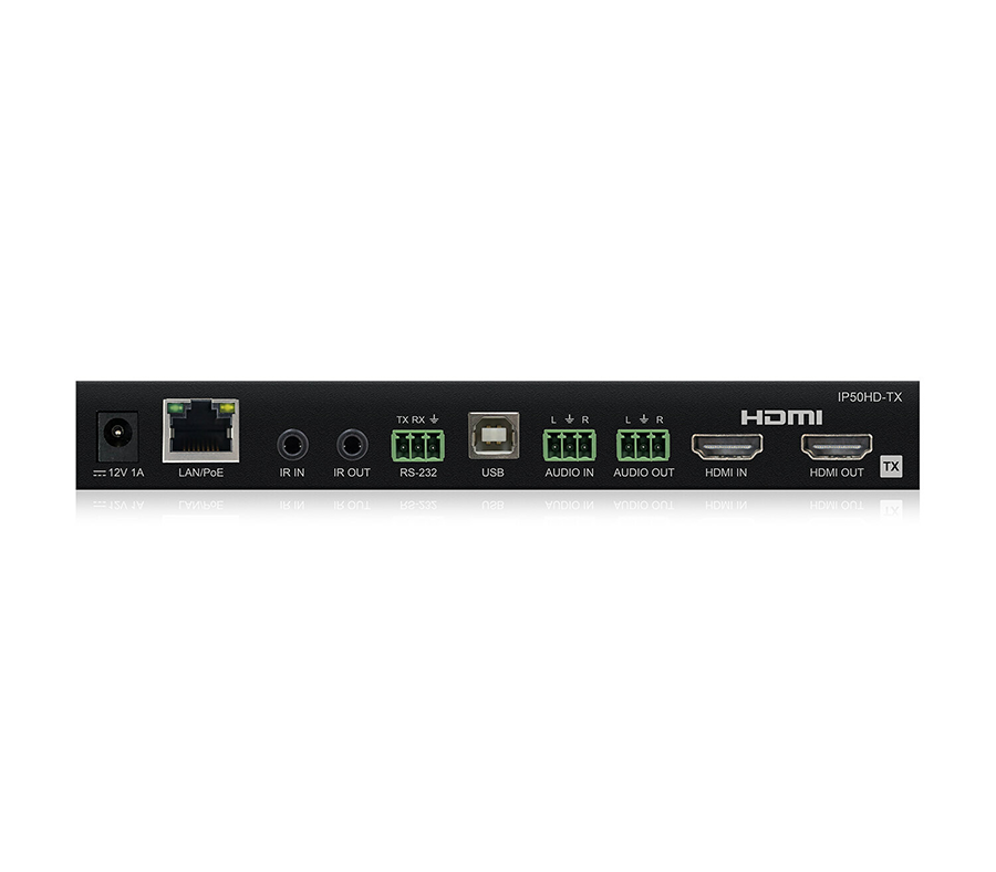 Vysílač Blustream IP50HD-TX na bílém pozadí s konektory HDMI, RS-232 a síťovým portem