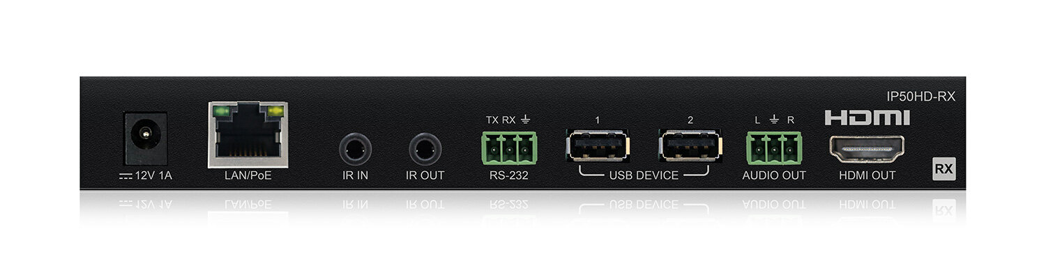 Blustream IP50HD-RX, detail konektorů a portů zadního panelu přijímače AV po IP