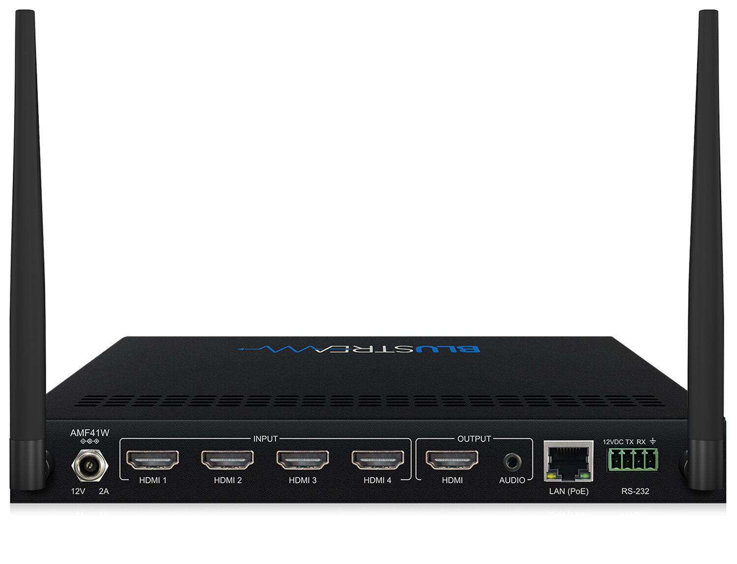 Blustream AMF41W — pohled na konektory a panel prezentačního přepínače se čtyřmi HDMI vstupy a jedním výstupem