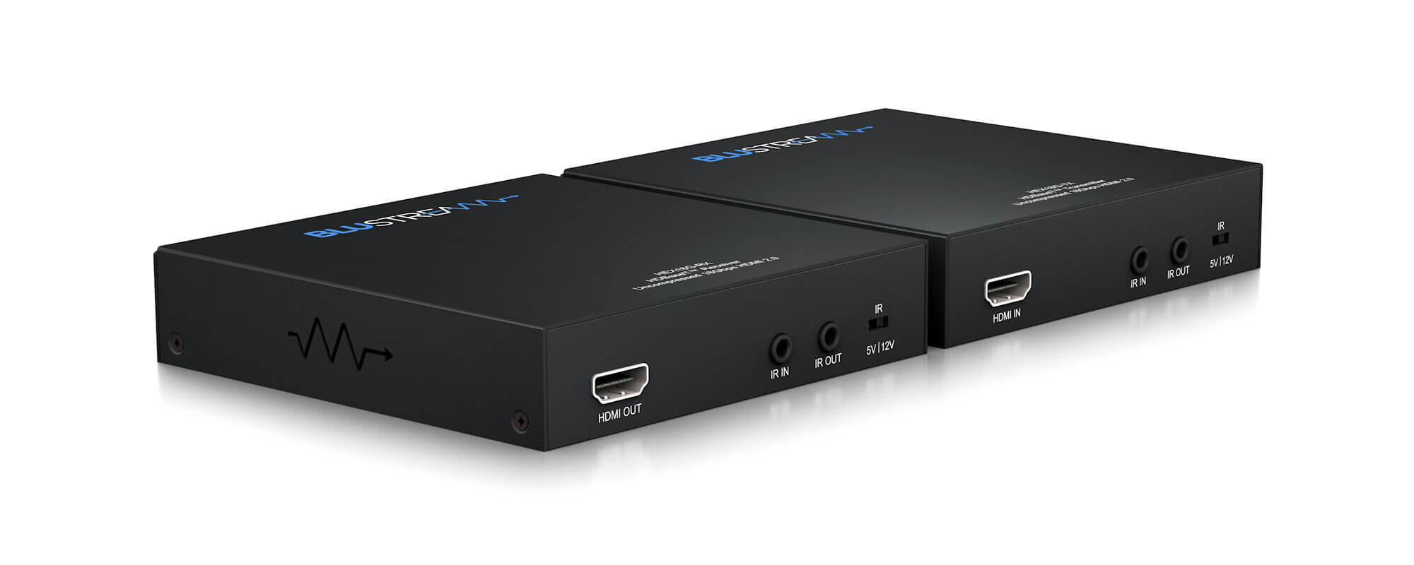 Detail zadní strany Blustream HEX18G-KIT s HDMI a CAT konektory pro zapojení do sestavy