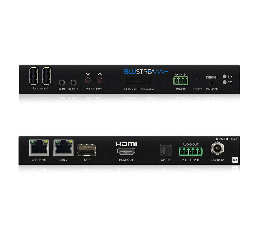 Přijímač Blustream AV převodník IP250UHD-RX s předním OLED displejem a síťovými konektory